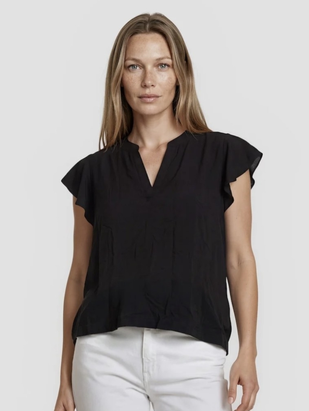 Black Flutter-Sleeve Split-Neck Blouse